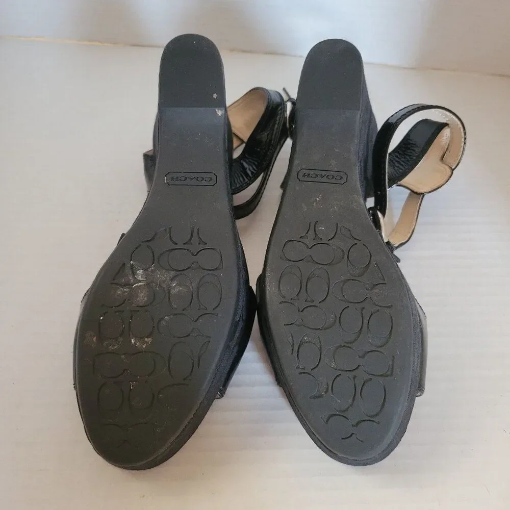 Coach Wedge Heels Sandals Platform Black Patent Leather Nalene Women's Woman's 7